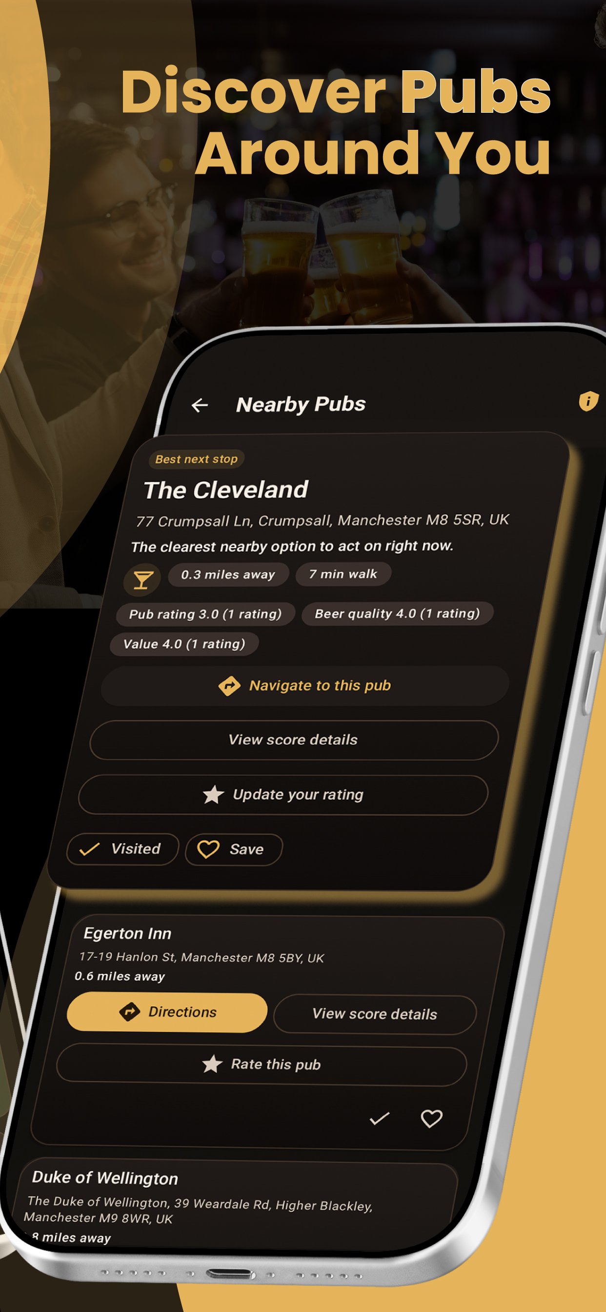 Nearby pubs screen showing local pub cards, directions, ratings, visited status and save controls.
