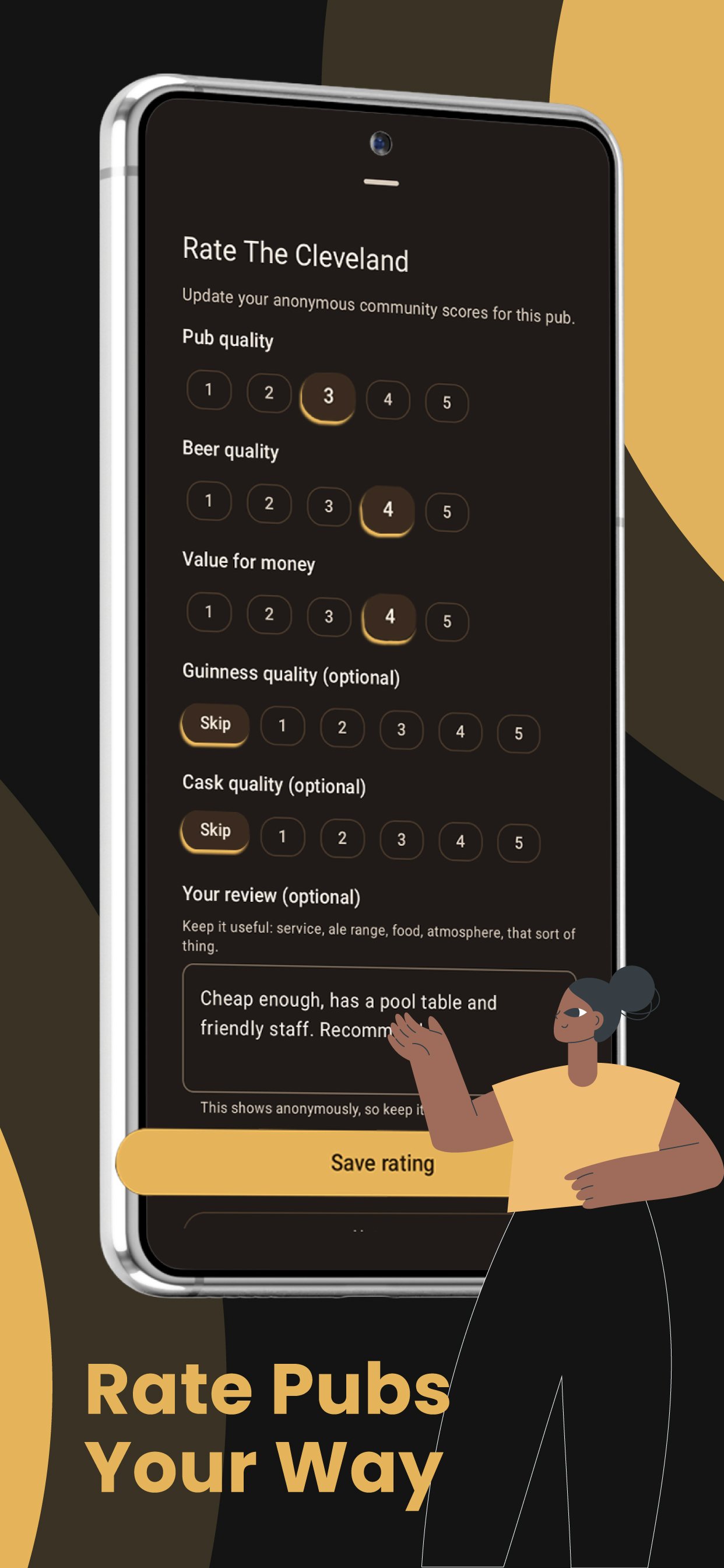 Pub rating screen showing pub quality, beer quality, value and review fields.
