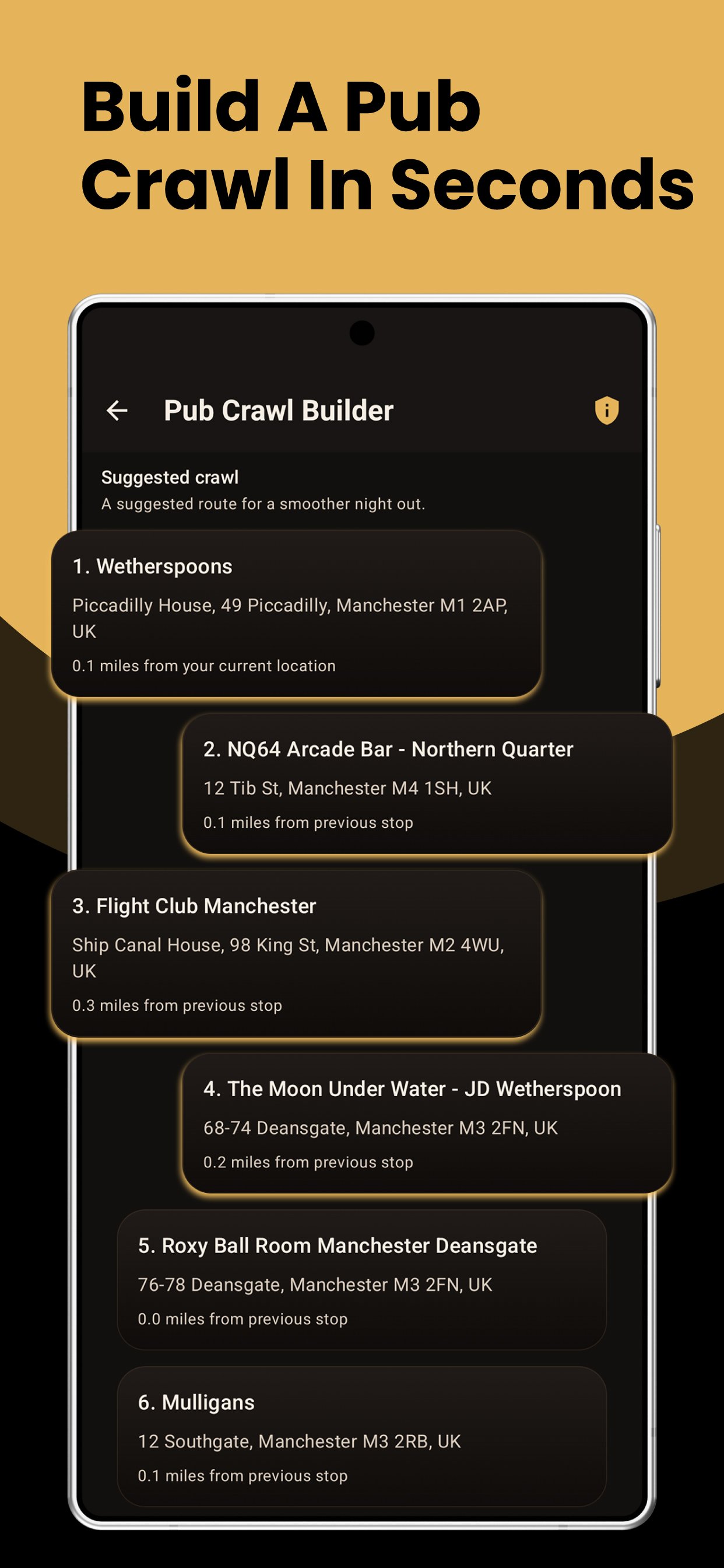 Pub crawl builder screen showing a generated route of suggested pub stops.