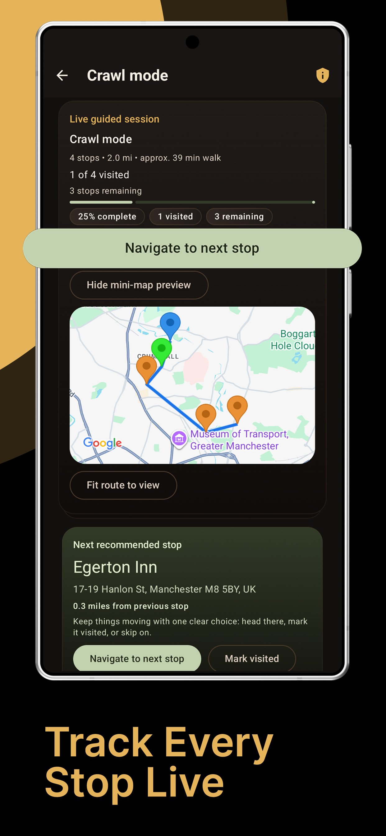 Live pub crawl mode showing progress, mini map and next stop navigation.