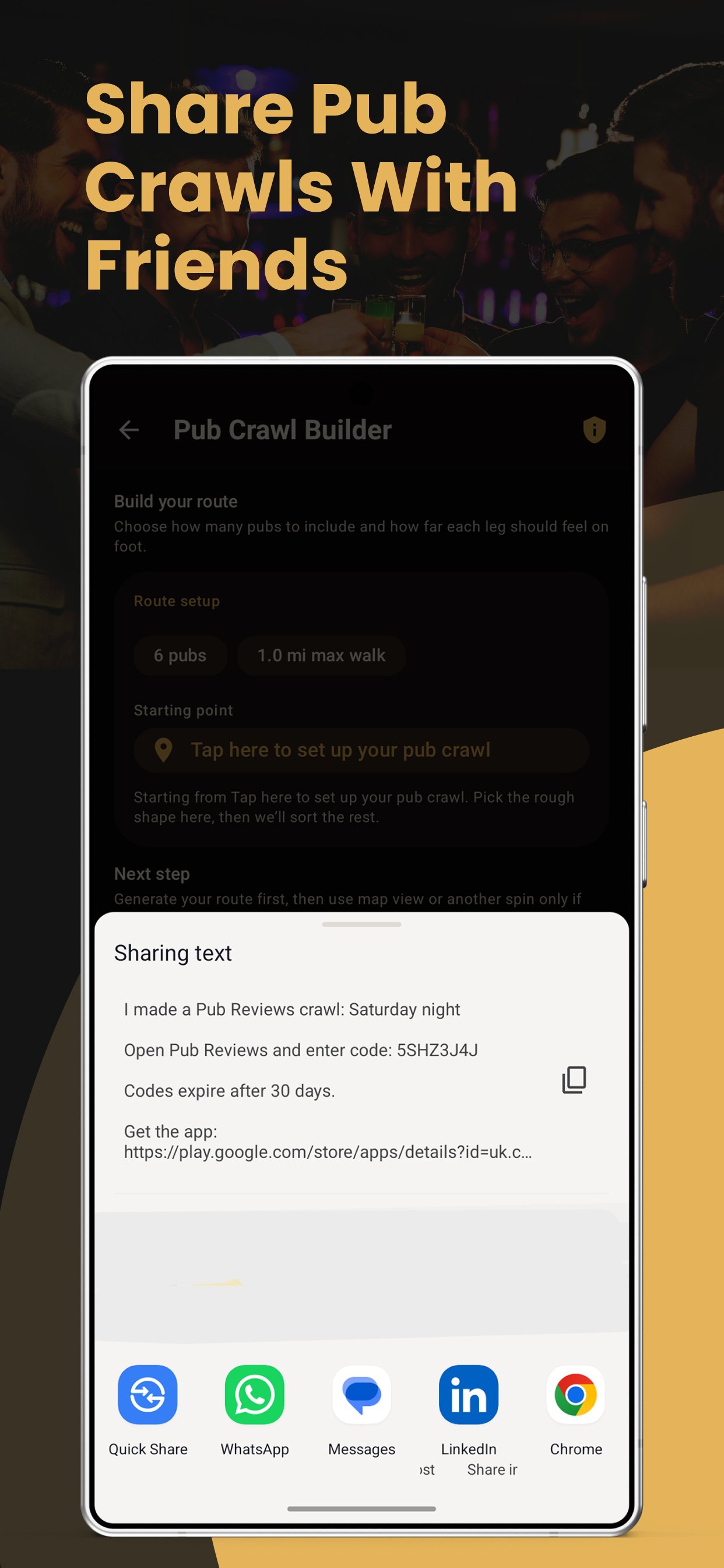 Share pub crawl screen showing sharing text and Android share options.