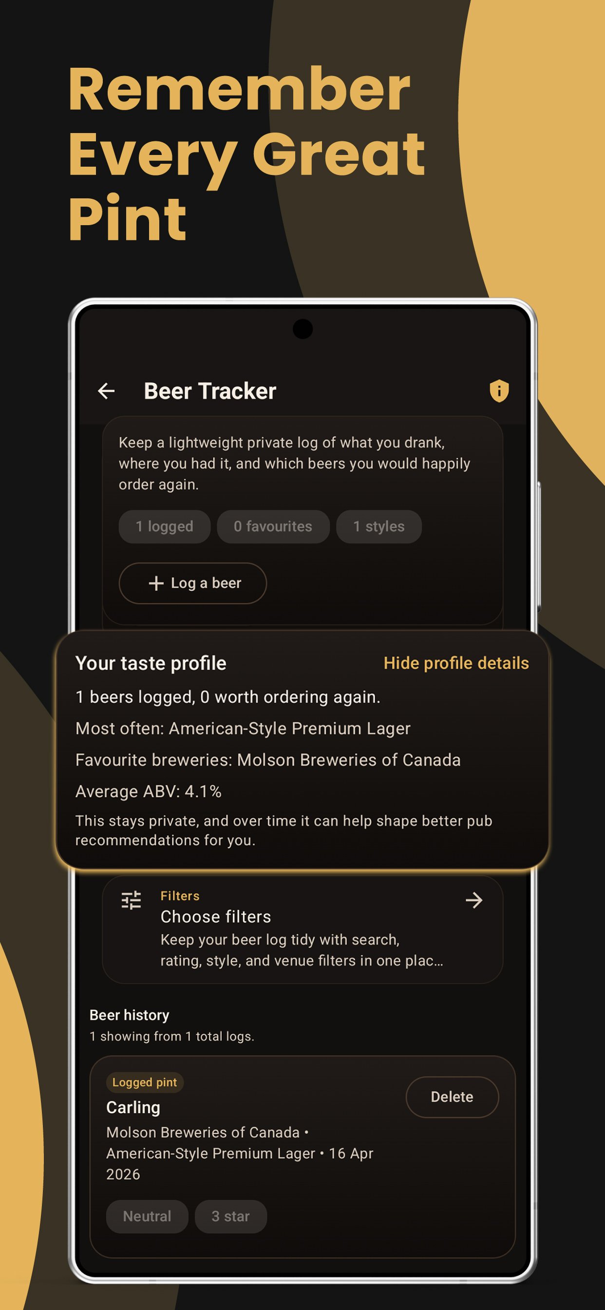 Beer tracker screen showing beer history and taste profile details.